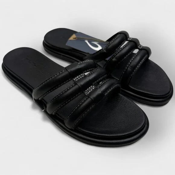 OluKai Tiare Slide Women’s Leather Sandals Black/Black Sz 7 NWT No Box - Picture 1 of 10